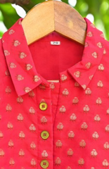 Rani Pink Banarasi Brocade Shirt Style Top with Flower Embroidered Skirt