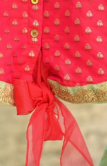 Rani Pink Banarasi Brocade Shirt Style Top with Flower Embroidered Skirt