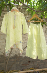 Kurta and Palazzo with Diagonal Cut in Chicken Work Embroidered Kurta - Lemon