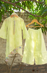 Kurta and Palazzo with Diagonal Cut in Chicken Work Embroidered Kurta - Lemon