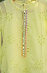Kurta and Palazzo with Diagonal Cut in Chicken Work Embroidered Kurta - Lemon