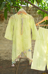 Kurta and Palazzo with Diagonal Cut in Chicken Work Embroidered Kurta - Lemon