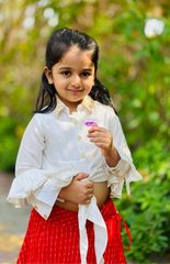 White Blouse in Shirt Style with Tie-Up and Leheriya Skirt