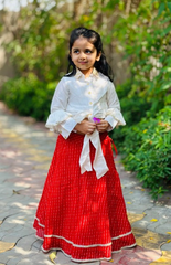 White Blouse in Shirt Style with Tie-Up and Leheriya Skirt