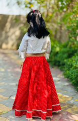 White Blouse in Shirt Style with Tie-Up and Leheriya Skirt