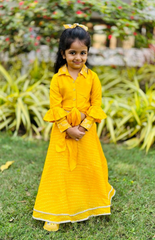 Yellow Blouse in Shirt Style with Tieup and Leheriya Skirt