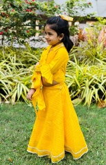 Yellow Blouse in Shirt Style with Tieup and Leheriya Skirt
