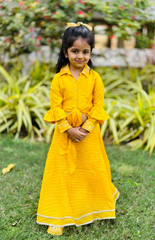Yellow Blouse in Shirt Style with Tieup and Leheriya Skirt