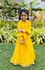 Yellow Blouse in Shirt Style with Tieup and Leheriya Skirt