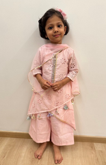 Kurta and palazzo with diagonal cut in chiken work embrodered kurta - Baby Pink