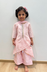 Kurta and palazzo with diagonal cut in chiken work embrodered kurta - Baby Pink