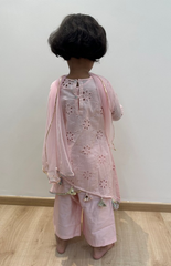 Kurta and palazzo with diagonal cut in chiken work embrodered kurta - Baby Pink