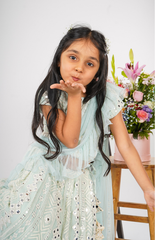 Ghagra Choli with Mirror and Threadwork in Geometric Design Pattern - Light Blue