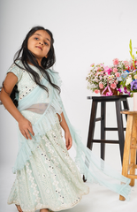 Ghagra Choli with Mirror and Threadwork in Geometric Design Pattern - Light Blue