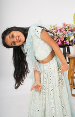 Ghagra Choli with Mirror and Threadwork in Geometric Design Pattern - Light Blue