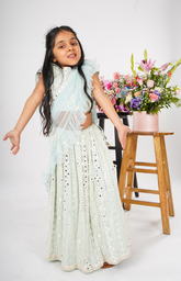 Ghagra Choli with Mirror and Threadwork in Geometric Design Pattern - Light Blue