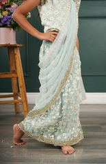 Stitched Sari with Super Comfort Slip-On Style in Lucknowi Work Net - Light Blue