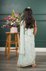 Stitched Sari with Super Comfort Slip-On Style in Lucknowi Work Net - Light Blue