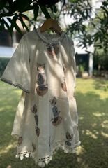 Dress Style Kurta and Palazzo with Bird Embroidery - Cream Blue