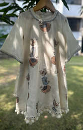 Dress Style Kurta and Palazzo with Bird Embroidery - Cream Blue