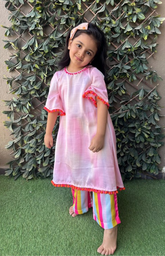 Shaded Dress Style Kurta with Pink Laces and Pompoms, Multi-Color Striped Palazzo