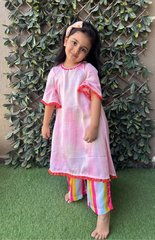 Shaded Dress Style Kurta with Pink Laces and Pompoms, Multi-Color Striped Palazzo