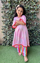 Shaded Dress Style Kurta with Pink Laces and Pompoms, Multi-Color Striped Palazzo