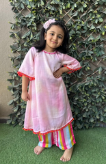 Shaded Dress Style Kurta with Pink Laces and Pompoms, Multi-Color Striped Palazzo