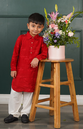 Kurta Set with Gayatri Mantra Embroidery in Pathani Style - Red