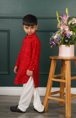 Kurta Set with Gayatri Mantra Embroidery in Pathani Style - Red