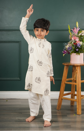 Kurta Set with Elephant Black and Silver Embroidery on Pure Chanderi with Salwar