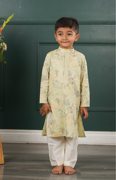 Kurta Set with Pure Chanderi Kurta and Multithread Jungle Pattern Embroidery with Salwar - Lemon Pista