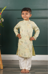 Kurta Set with Pure Chanderi Kurta and Multithread Jungle Pattern Embroidery with Salwar - Lemon Pista