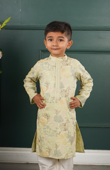 Kurta Set with Pure Chanderi Kurta and Multithread Jungle Pattern Embroidery with Salwar - Lemon Pista