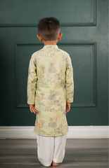 Kurta Set with Pure Chanderi Kurta and Multithread Jungle Pattern Embroidery with Salwar - Lemon Pista