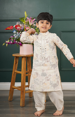 Kurta Set with Pure Chanderi Kurta and Multithread Jungle Pattern Embroidery with Salwar - Cream