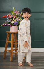 Kurta Set with Pure Chanderi Kurta and Multithread Jungle Pattern Embroidery with Salwar - Cream