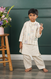 Handloom Linen Jacket Kurta Set with Delicate Thread Embroidery and Animal Patterns on Jacket