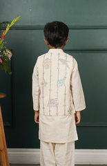 Handloom Linen Jacket Kurta Set with Delicate Thread Embroidery and Animal Patterns on Jacket