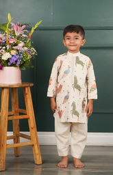 Handloom Linen Kurta Set with Bold Animal Motif Embroidery in Brown, Blue, and Mehendi with Salwar