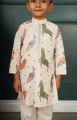Handloom Linen Kurta Set with Bold Animal Motif Embroidery in Brown, Blue, and Mehendi with Salwar