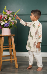 Handloom Linen Kurta Set with Bold Animal Motif Embroidery in Brown, Blue, and Mehendi with Salwar