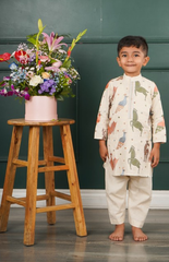 Handloom Linen Kurta Set with Bold Animal Motif Embroidery in Brown, Blue, and Mehendi with Salwar