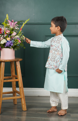 Jacket Kurta Set with Multicolor Animal Embroidery on Fused Blue Chanderi