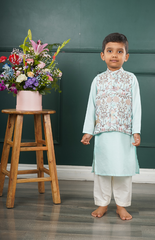 Jacket Kurta Set with Multicolor Animal Embroidery on Fused Blue Chanderi