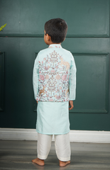 Jacket Kurta Set with Multicolor Animal Embroidery on Fused Blue Chanderi