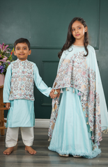 Jacket Kurta Set with Multicolor Animal Embroidery on Fused Blue Chanderi