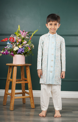 Double Sherwani Style with Beautiful Floral Threadwork on the Achkan and Straight Pants - Sky Blue