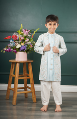 Double Sherwani Style with Beautiful Floral Threadwork on the Achkan and Straight Pants - Sky Blue