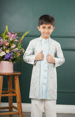 Double Sherwani Style with Beautiful Floral Threadwork on the Achkan and Straight Pants - Sky Blue